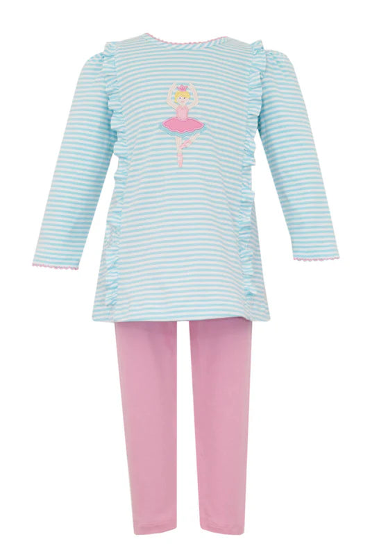 Claire & Charlie : BALLERINAS- AQUA KNIT STRIPE GIRL'S LONG ROMPER