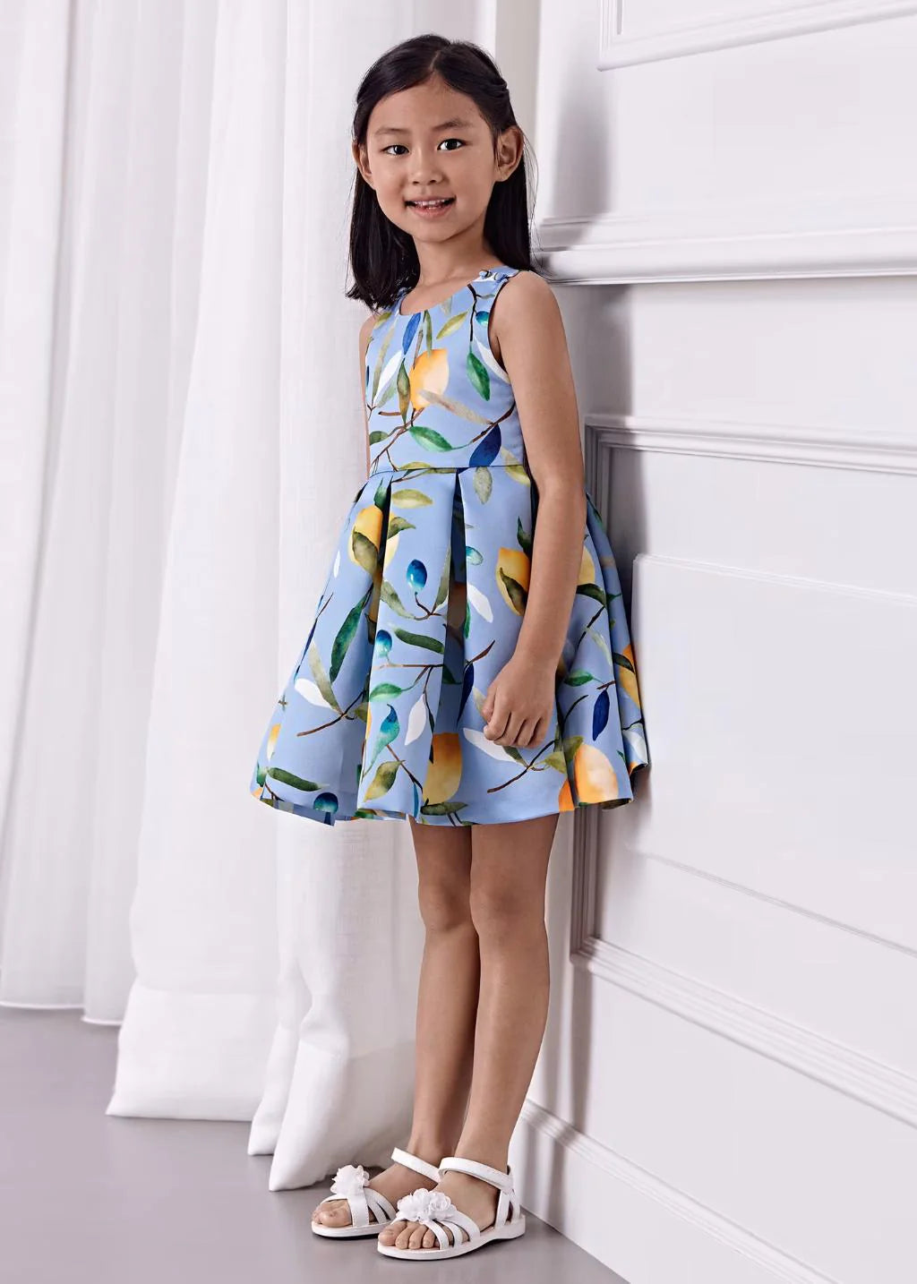 Abel & Lula Girls Blue Satin Lemon Print Dress