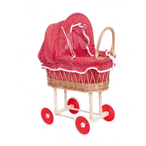 PRAM WICKER WITH RED WHITE DOTS