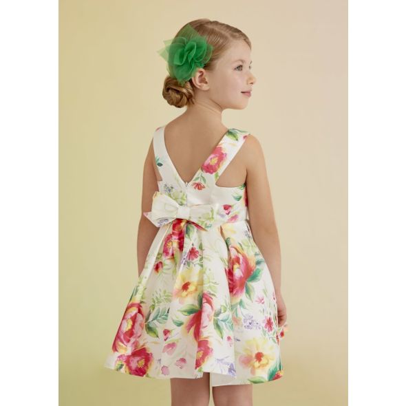 Abel & Lula Girls White with Hot Pink Floral Print Dress
