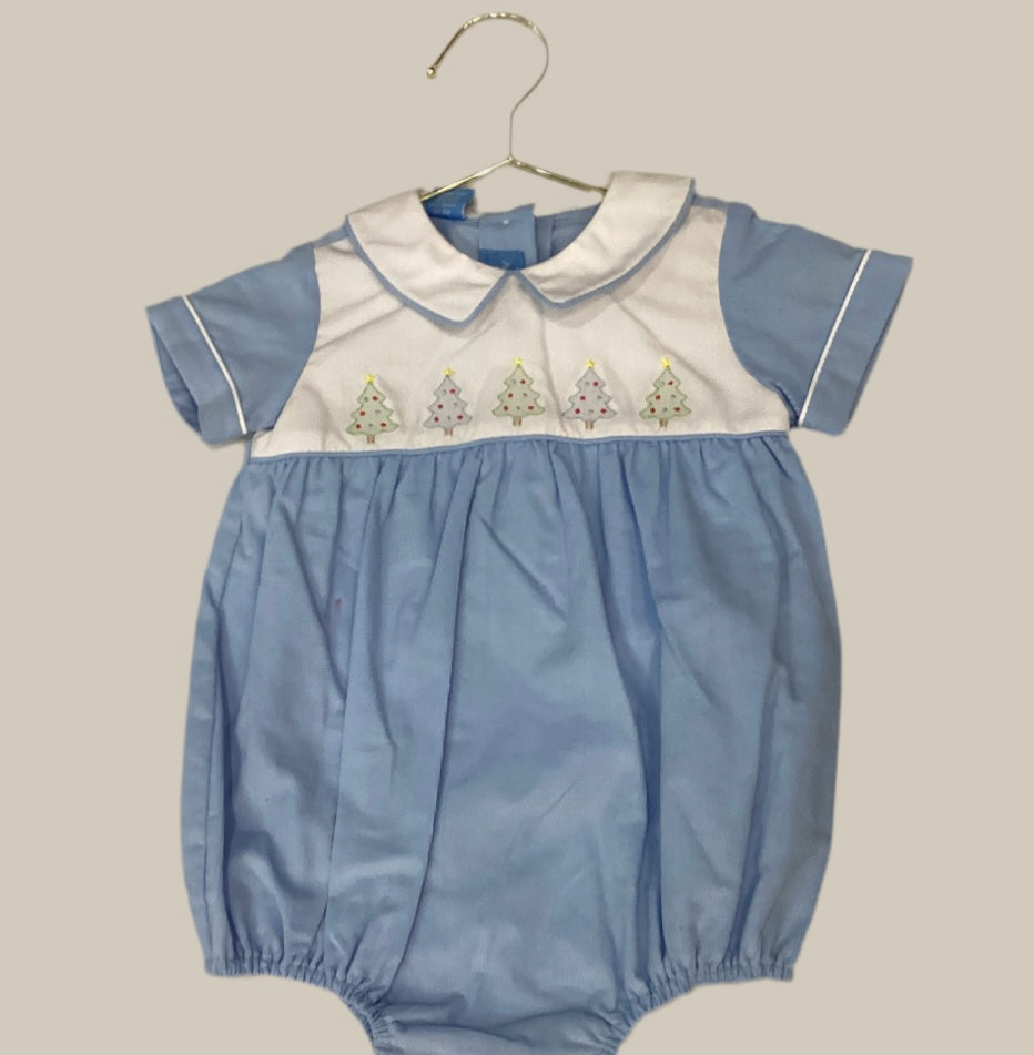 Anavini Infant Boys Christmas Trees Embroidered on White and Light Blue Corduroy Romper