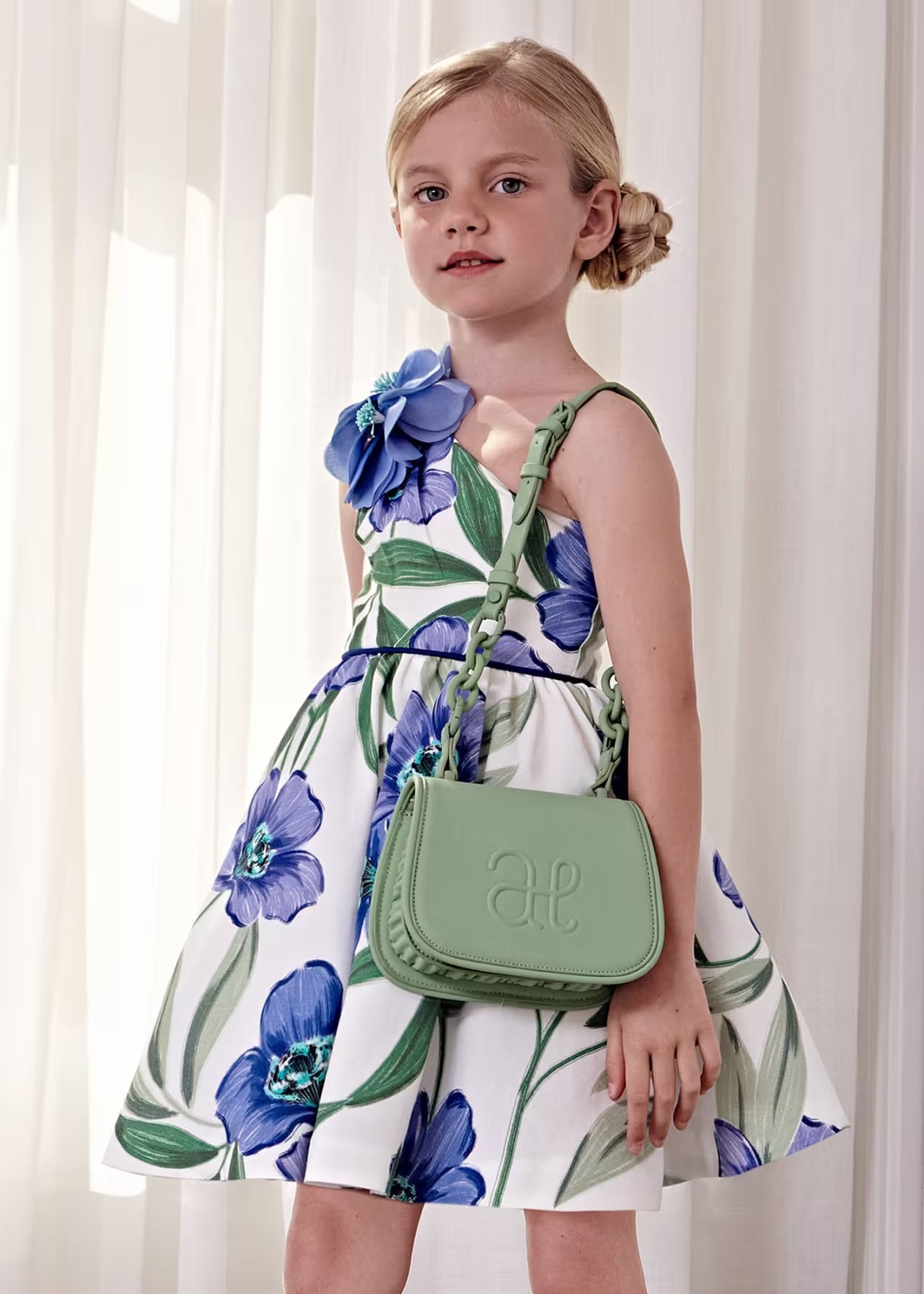 Abel & Lula Girls Blue Floral Pront Linen Dress