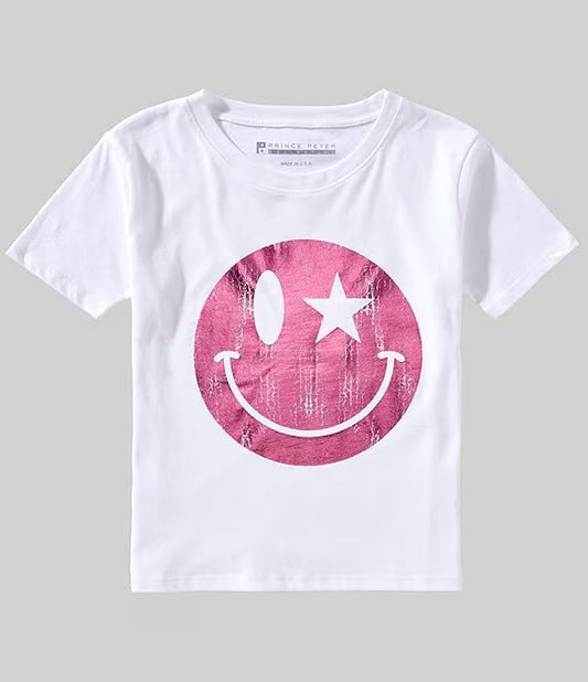 PRECISION APPAREL: FUSCHIA FOIL HAPPY FACE TEE
