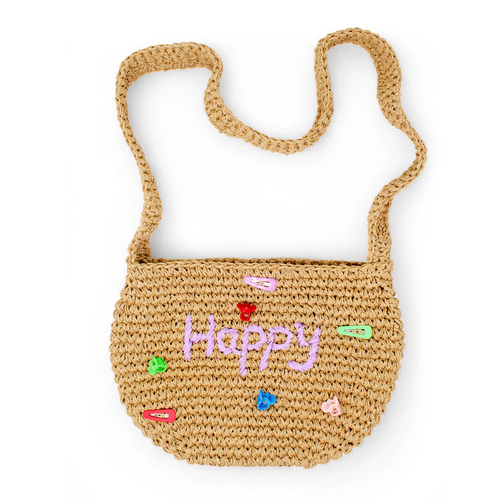 Girls Crossbody Woven Straw Message Charm Tote