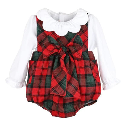 SOPHIE & LUCAS : GINGERBREAD PLAID BOW OVERALL RED