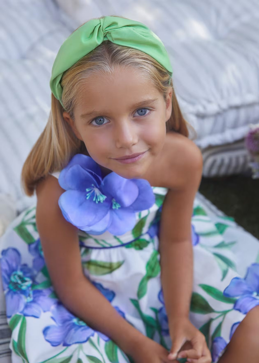 Abel & Lula Girls Blue Floral Pront Linen Dress