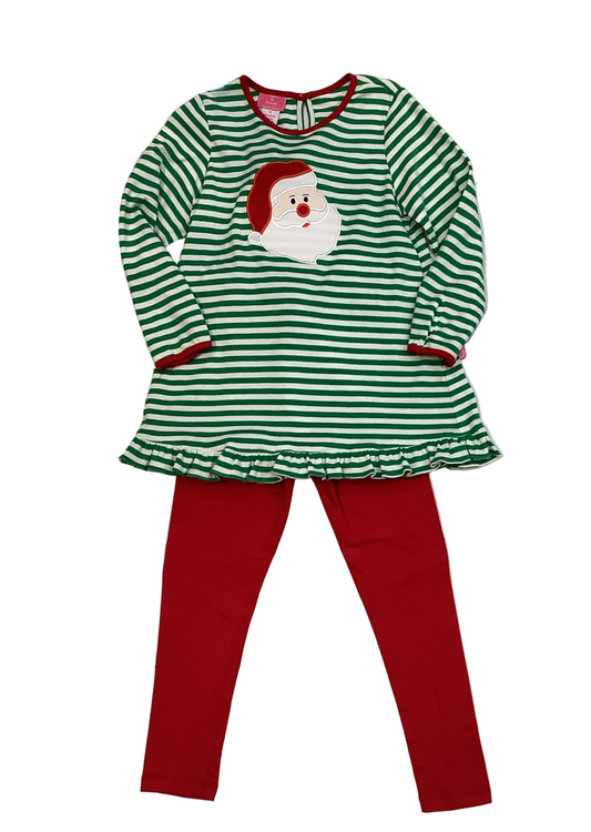 CLAIRE & CHARLIE: Green stripe knit girl’s tunic set w/ red scalloped collar