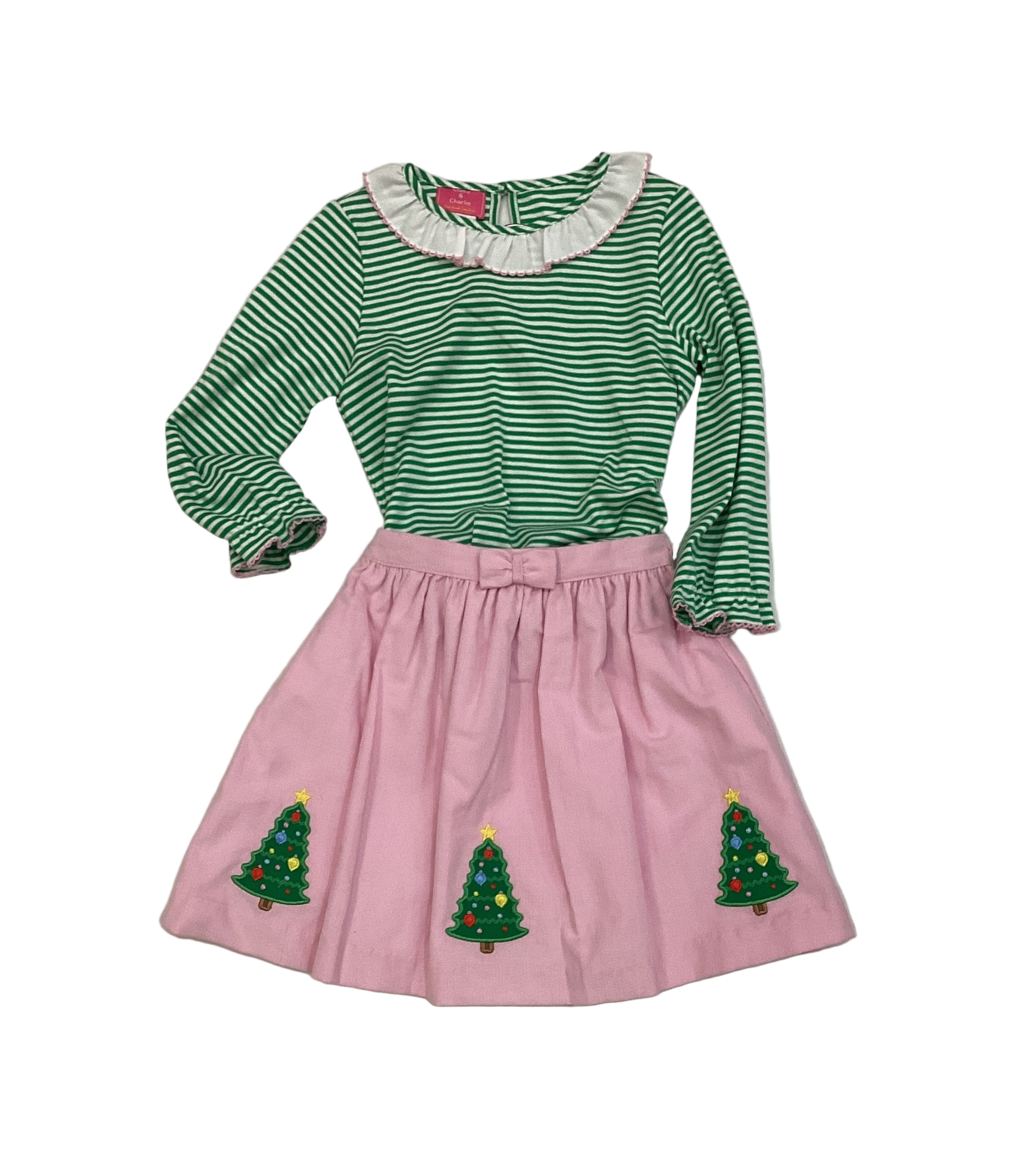CLAIRE & CHARLIE: xmas tree pink corduroy skirt w/ tree