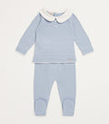 PAZ RODRIGUEZ: “VENTO” BOYS KNIT NEWBORN SWEATER SET in Sky Blue with White Cotton Collar