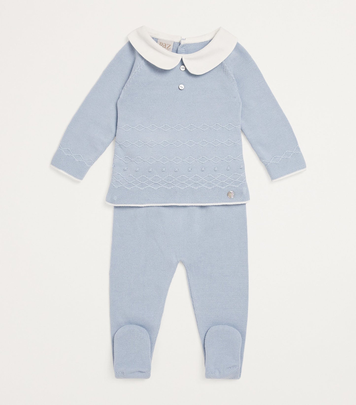 PAZ RODRIGUEZ: “VENTO” BOYS KNIT NEWBORN SWEATER SET in Sky Blue with White Cotton Collar