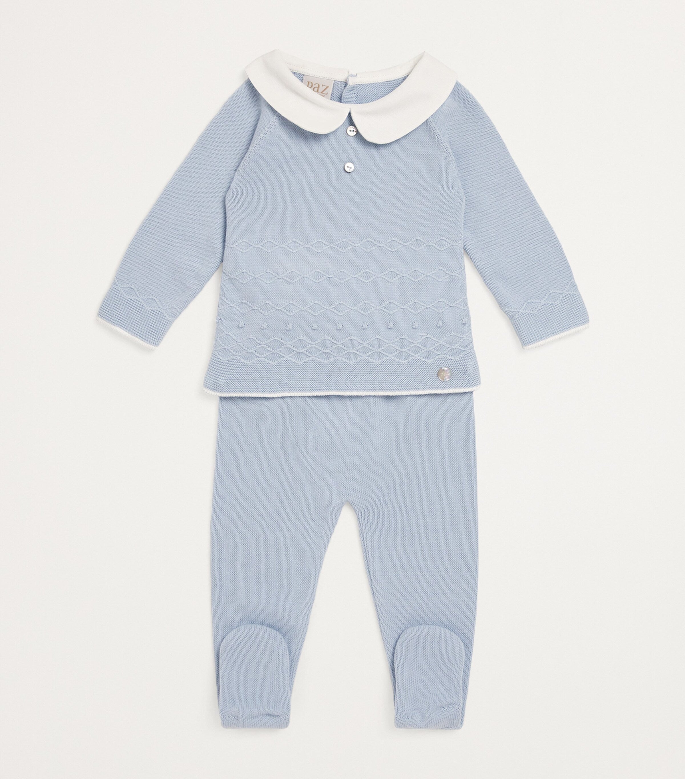 PAZ RODRIGUEZ: “VENTO” BOYS KNIT NEWBORN SWEATER SET in Sky Blue with White Cotton Collar