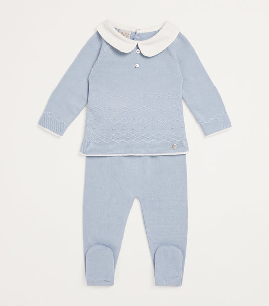 PAZ RODRIGUEZ: “VENTO” BOYS KNIT NEWBORN SWEATER SET in Sky Blue with White Cotton Collar