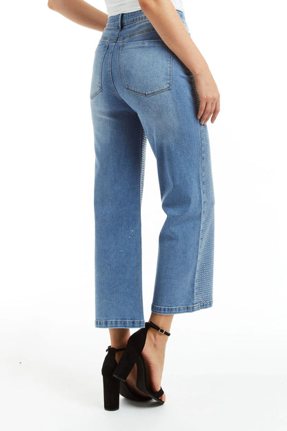 TRACTR : HIGH RISE RHINESTONE GRID WIDE STRAIGHT LEG
