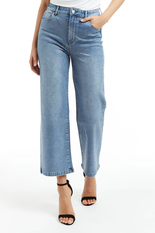 TRACTR : HIGH RISE RHINESTONE GRID WIDE STRAIGHT LEG
