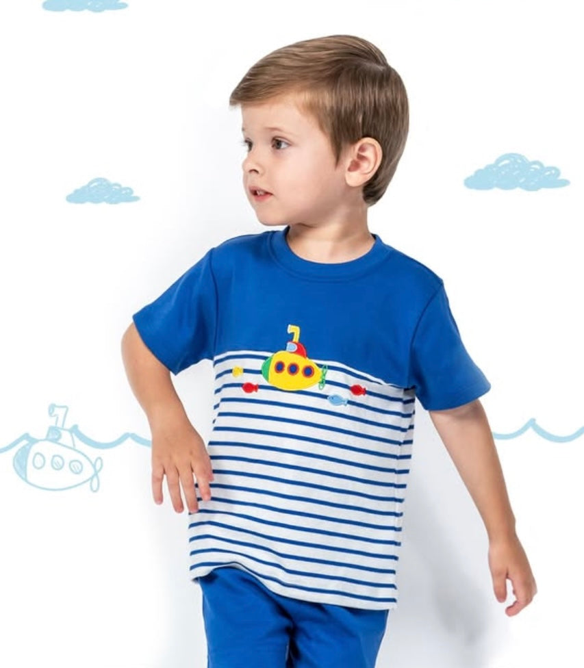 CLAIRE & CHARLIE : SUBMARINE BOY’S T-SHIRT SOLID BLUE KNIT W/STRIPES