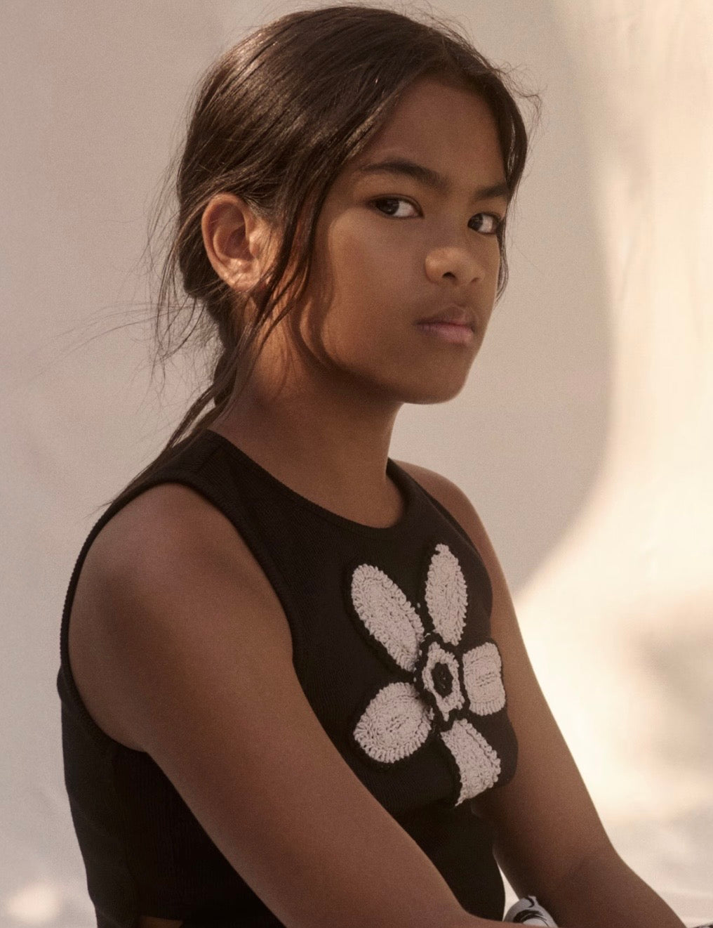 ABEL & LULA : Girl Black Crochet Knit Top with Beige flower Accent paired with Beige Flowy Pant Set
