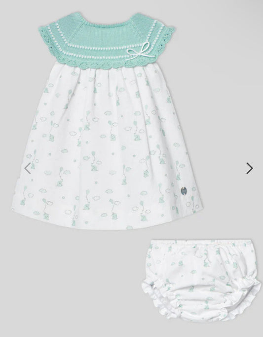 PAZ RODRIGUEZ: “EIDO” Baby Elephant in Clouds Water Green/White Dress with Bloomers