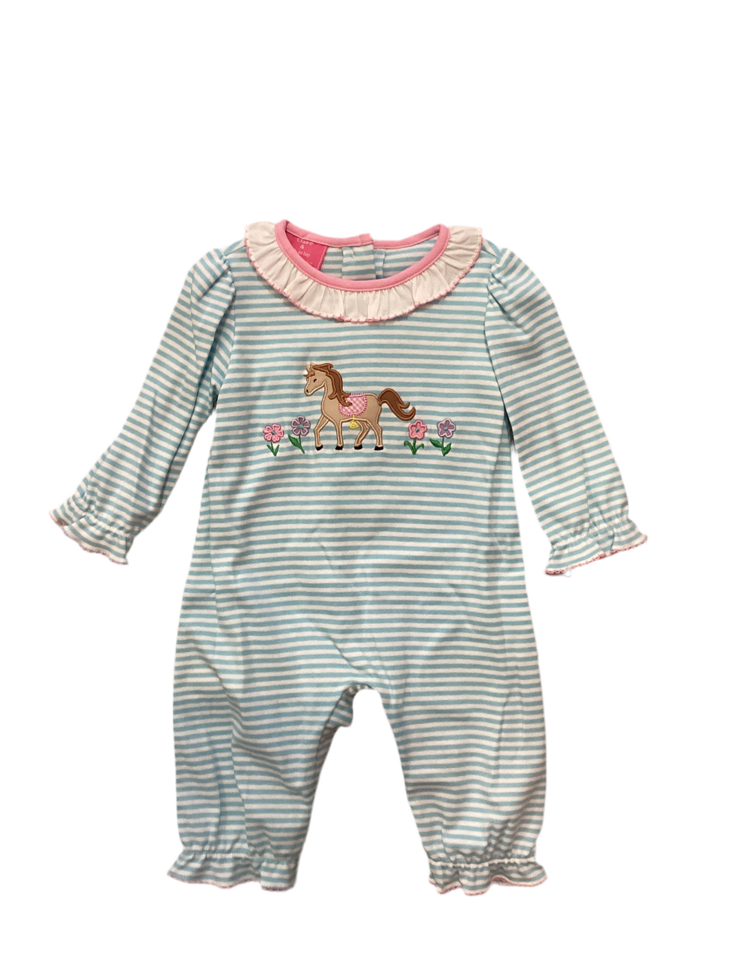 CLAIRE & CHARLIE: RIDE AWAY- Aqua Knit Stripe Girl’s Long Romper