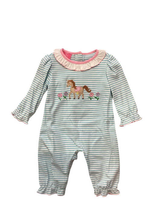 CLAIRE & CHARLIE: RIDE AWAY- Aqua Knit Stripe Girl’s Long Romper