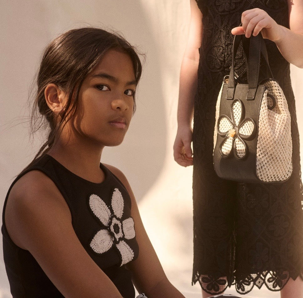 ABEL & LULA : Girl Black Crochet Knit Top with Beige flower Accent paired with Beige Flowy Pant Set