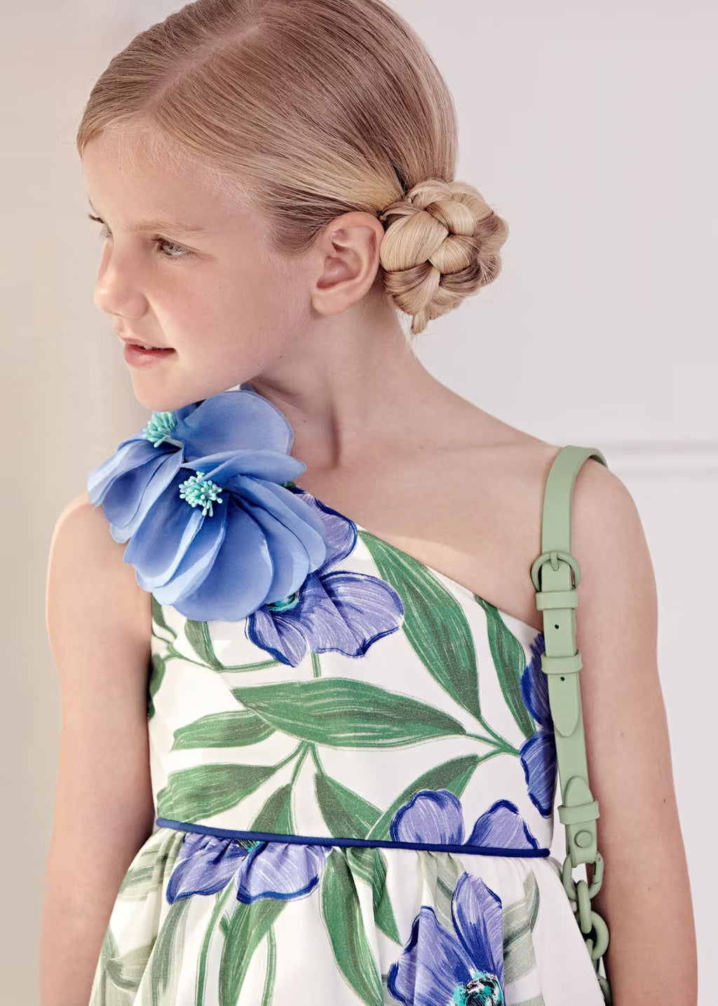 Abel & Lula Girls Blue Floral Pront Linen Dress
