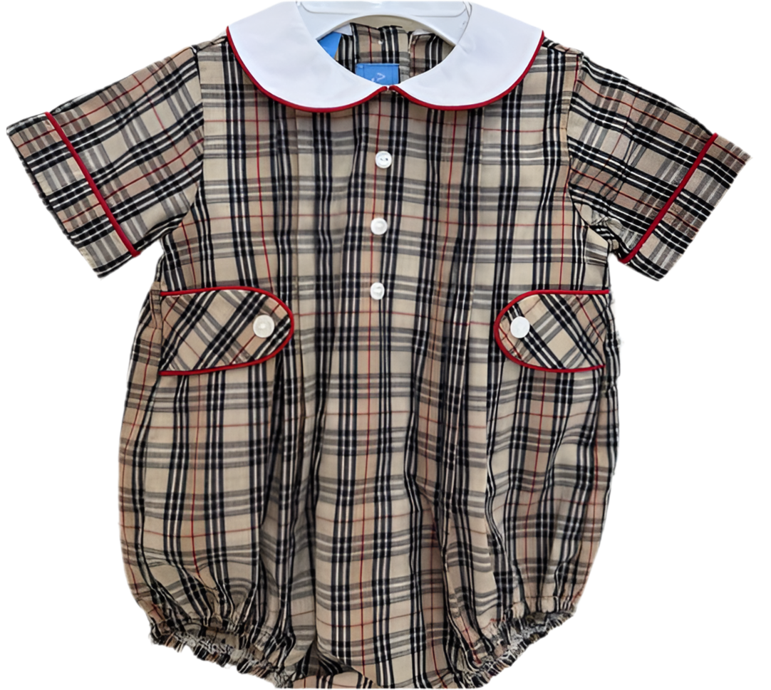 ANAVINI: Burberry Inspired Boys Khaki & Brown short bubble