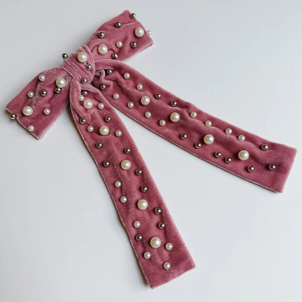 ELLISON+YOUNG: PEARL THROWED VELVET BOW HAIR CLIP