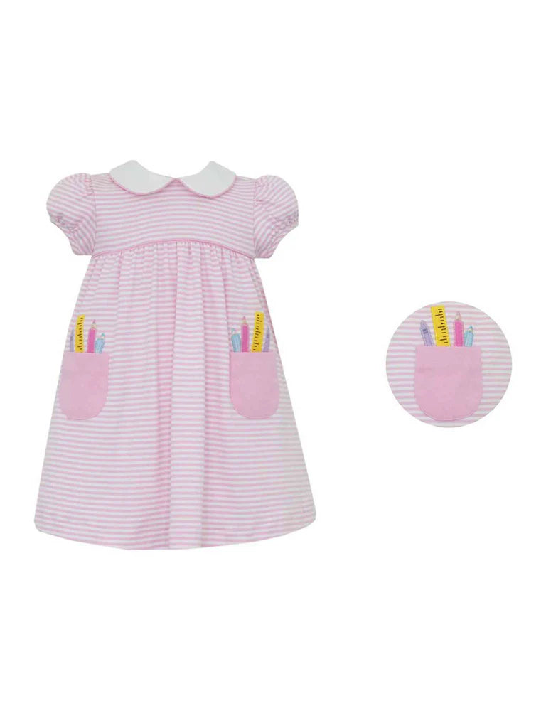 CLAIRE & CHARLIE: SCHOOL SUPPLIES-PINK KNIT STRIPE W/ POCKETS