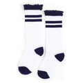 LITTLE STOCKING CO: BRIGHT NAVY STRIPED LACE TOP KNEE HIGH SOCKS