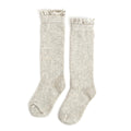 LITTLE STOCKING CO: HEATHERED IVORY FANCY LACE TOP KNEE HIGH SOCKS