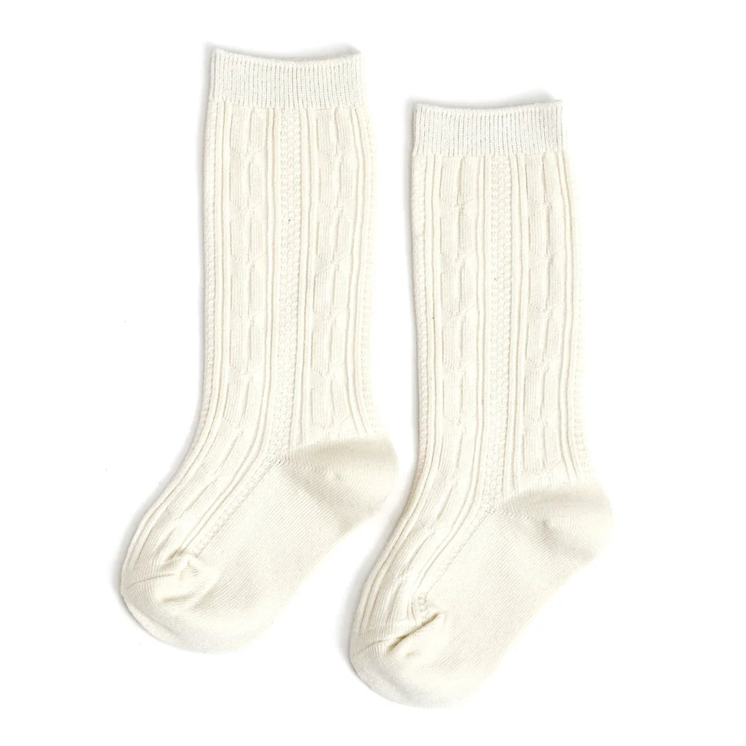 LITTLE STOCKING CO: IVORY CABLE KNIT KNEE HIGH SOCKS