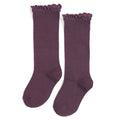LITTLE STOCKING CO: LACE TOP KNEE HIGH SOCKS-PLUM