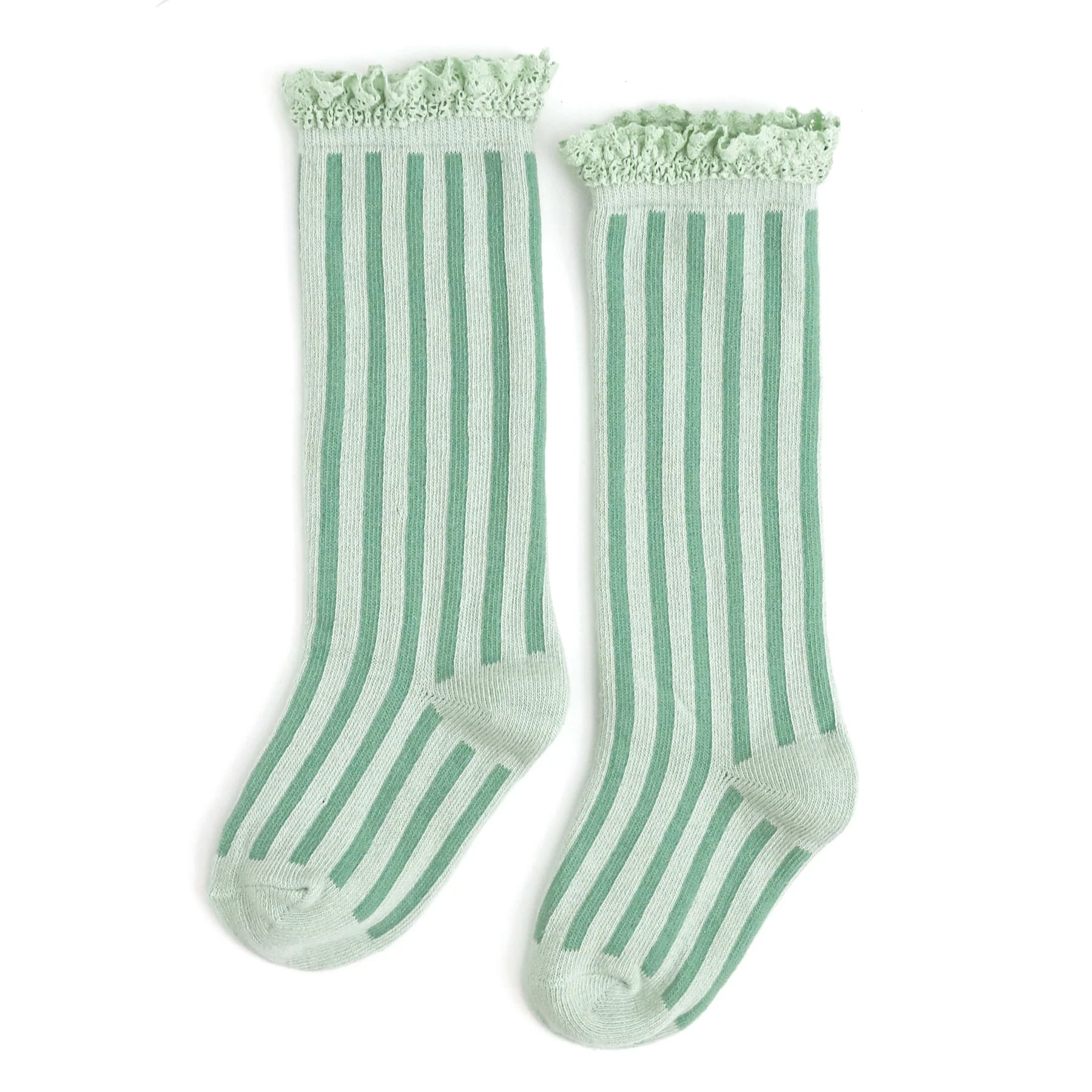 LITTLE STOCKING CO: MINT STRIPED SCALLOPED KNEE HIGH SOCKS