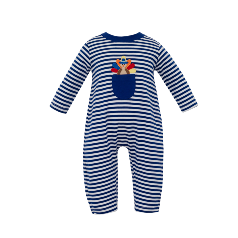 Claire & Charlie: THANKS GIVING BOY ́S- Royal blue stripe knit boy's long romper