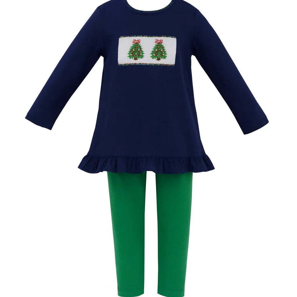 ANAVINI : XMAS TREE GIRLS - NAVY BLUE KNIT GIRL'S TUNIC SET W/GREEN LEGGINGS