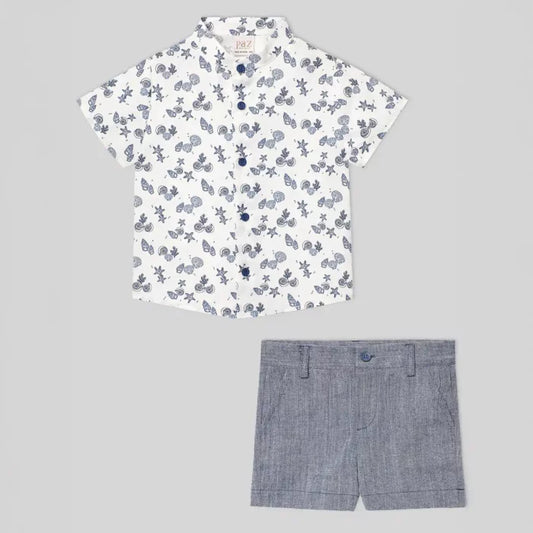 PAZ RODRIGUEZ: “RIAS” Boys White Seashells Shirt w/ Blue Indigo Shorts