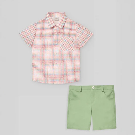 PAZ RODRIGUEZ: “GRANJA” Multi Color Plaid Shirt with Water Green Short Set