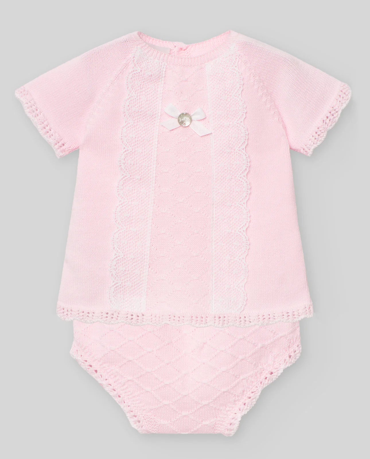 PAZ RODRIGUEZ: “LINDA” Two Piece Knit and Lace Trim in Chalk Pink and White