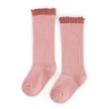 LITTLE STOCKING CO: BLUSH + MAUVE LACE TOP KNEE HIGHS