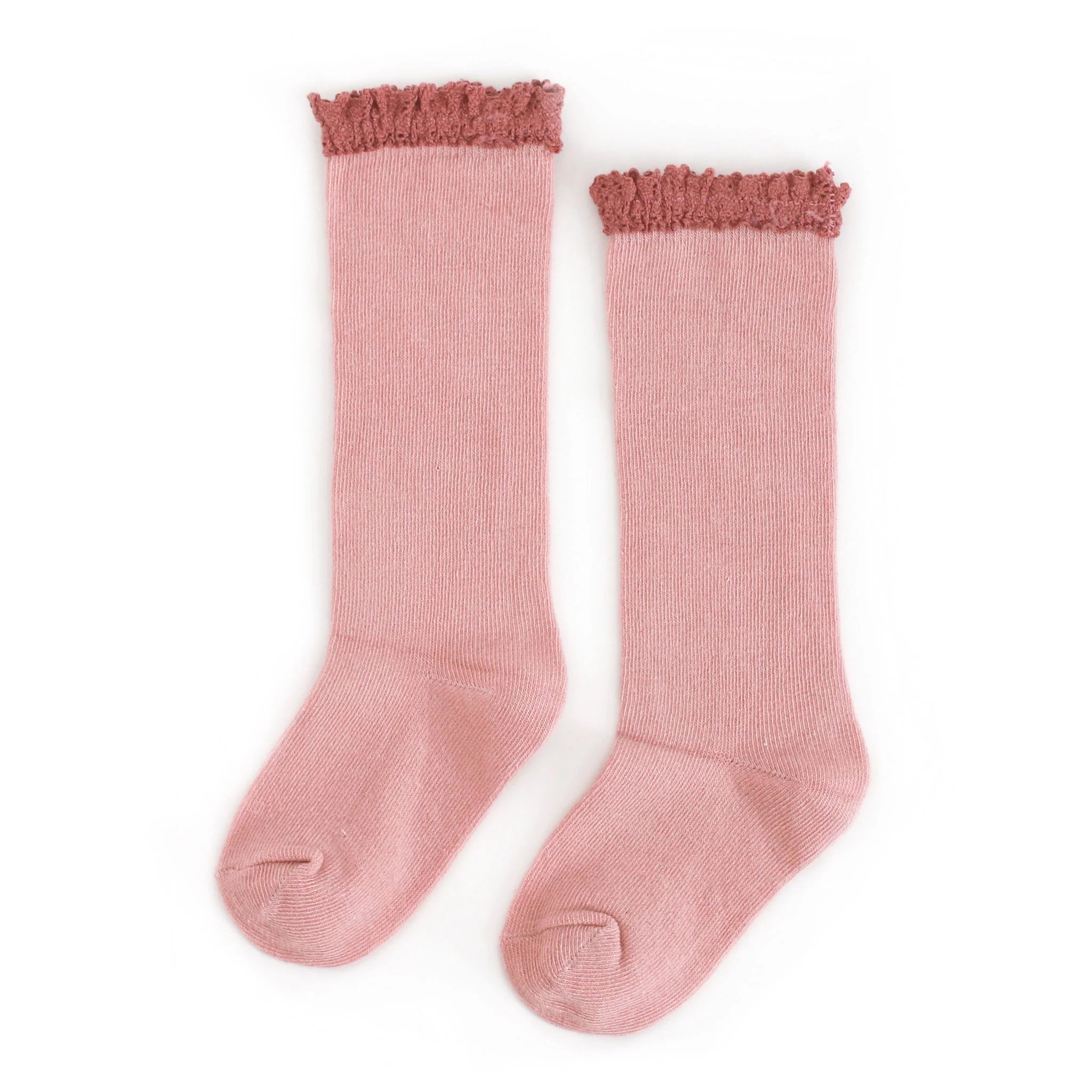 LITTLE STOCKING CO: BLUSH + MAUVE LACE TOP KNEE HIGHS