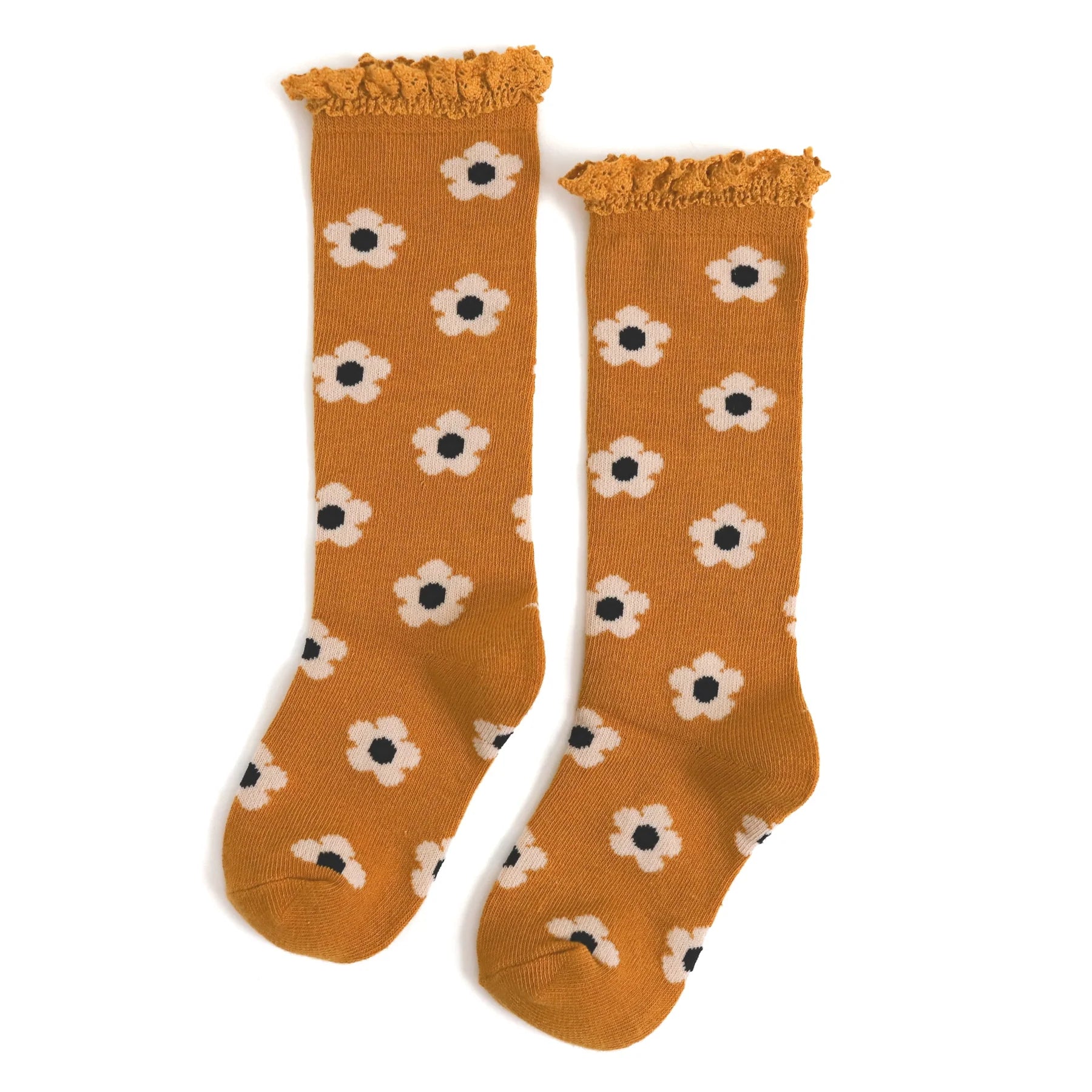 LITTLE STOCKING CO: MUSTARD FLORAL LACE TOP KNEE HIGH SOCKS