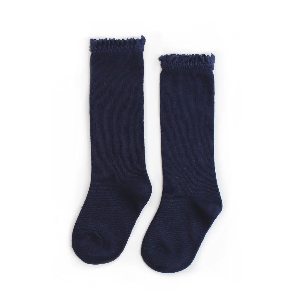 LITTLE STOCKING CO: NAVY LACE TOP KNEE HIGH SOCKS