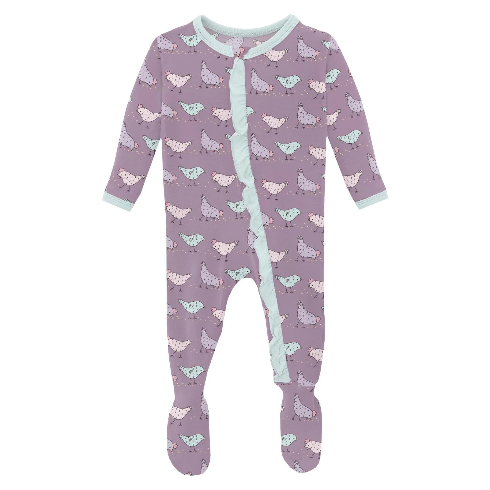 KICKEE : PRINT LAYETTE RUFFLE FOOTIE WITH 2 WAY ZIPPER