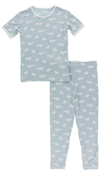 KICKEE: PEARL BLUE BUNNY PRINT SHORT SLEEVE PAJAMA SET