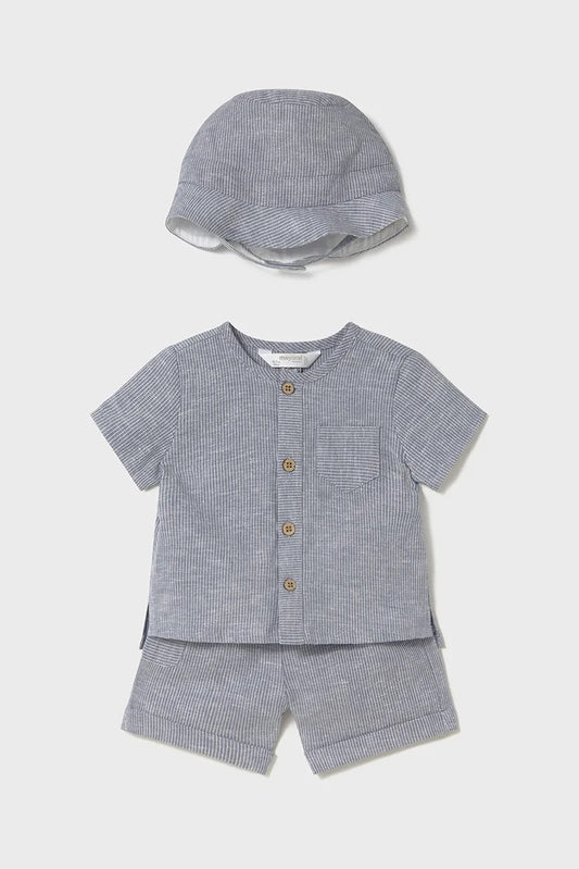 MAYORAL: INFANT BOYS BLUE STRIPED SHORT SET W/HAT