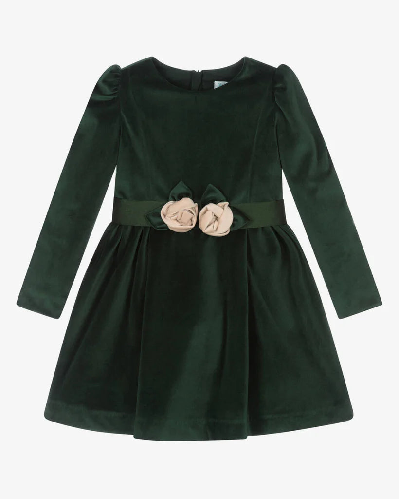 Abel & Lula Forest Green Velvet Dress with Rose Sash