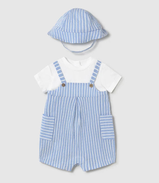 MAYORAL: INFANT BOYS BLUE STRIPED ROMPER with HAT