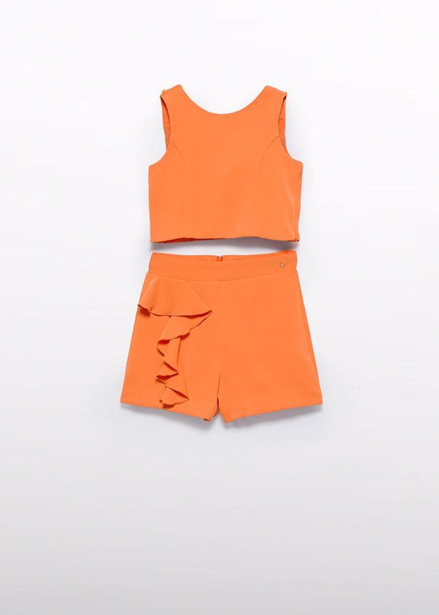Abel & Lula Girls Bright Tangerine Ruffled Crepe Bermuda Short Set