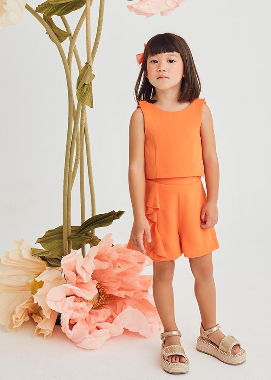 Abel & Lula Girls Bright Tangerine Ruffled Crepe Bermuda Short Set