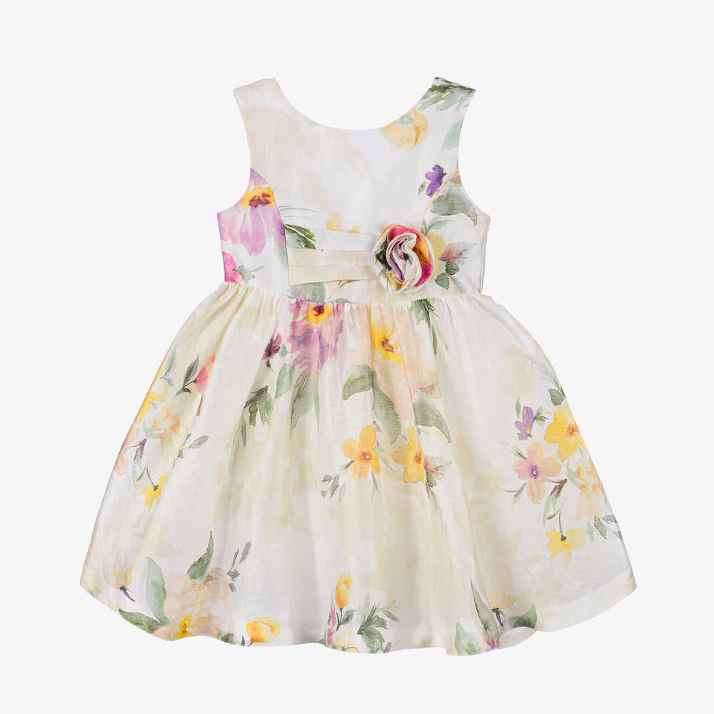 Abel & Lula Girls Cream with Pastel Floral Linen Dress